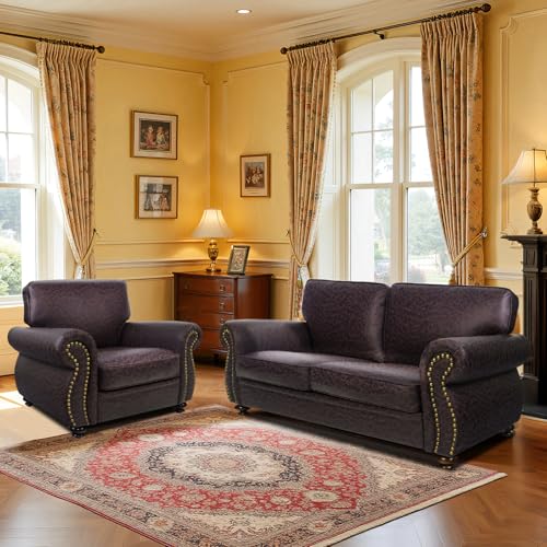 Mid-Century Vintage Sofa Couches with Rivet Design,3-Seater Sofa,Removable Sofa Cover Upholstered Cushions and Solid Wood Frame (Brown, 3-Seater)