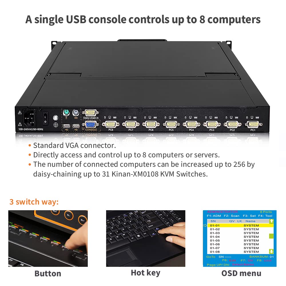8 Port Rackmount KVM Console,1U 17 LCD Monitor,8-Port VGA KVM Drawer w/Cables,1280×1024@60Hz