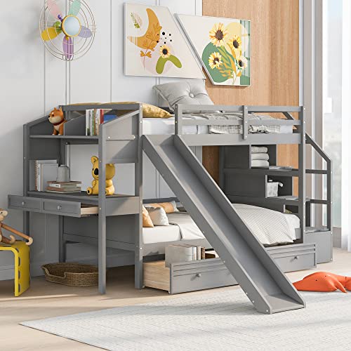 Full-Over-Full Castle Style Bunk Bed with 2 Drawers and 3 Shelves, Wood Bunk Bed Frame with Slide and Storage Staircase for Kids Teens Boys Girls