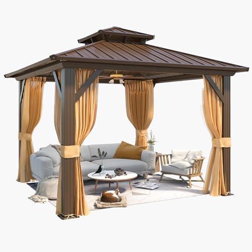 YOLENY 10' x 12' Hardtop Gazebo, Metal Gazebo with Aluminum Frame, Double Galvanized Steel Roof, Curtains and Netting Included