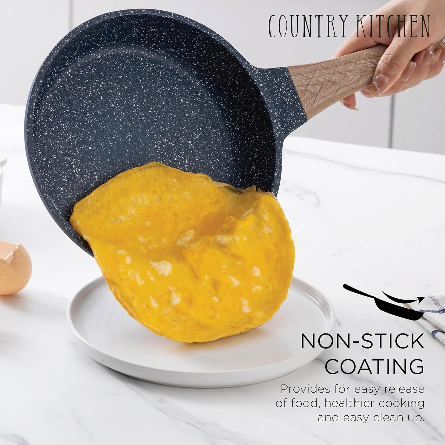 Country Kitchen Induction Cookware Sets - 13 Piece Nonstick Cast Aluminum Pots and Pans with BAKELITE Handles, Glass Lids- Rhombas Design (Navy)