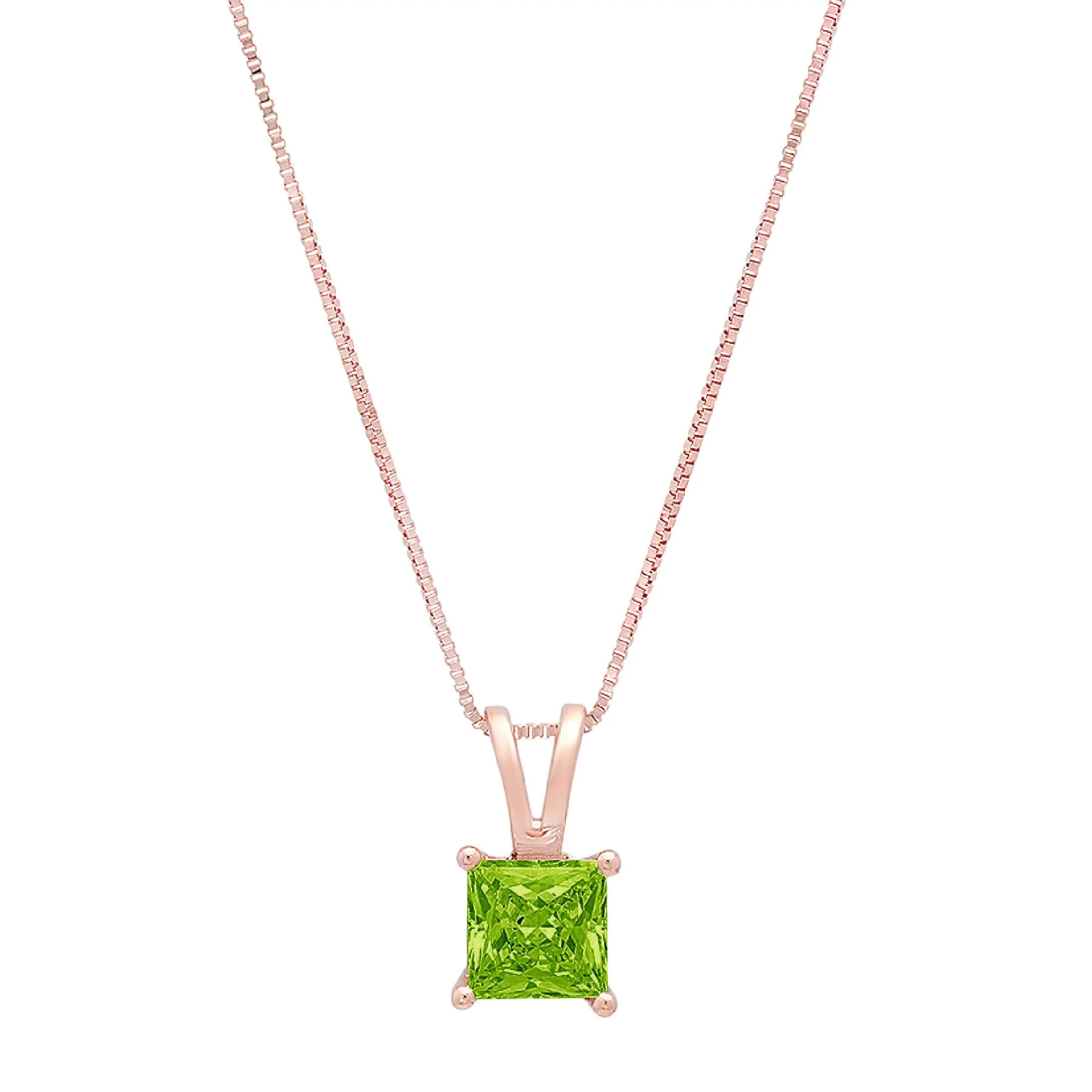 1.5 ct Brilliant Princess Cut Solitaire Natural Peridot 18K Rose Gold Pendant with 16" Chain