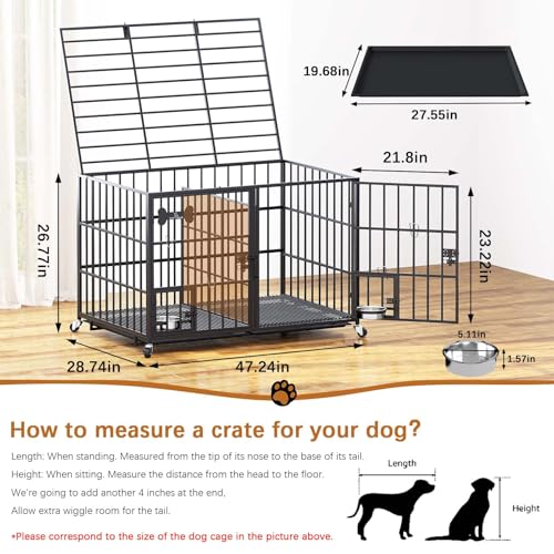 aboxoo 42/48 inch Heavy Duty Metal Dog Crate for 2 Dogs/Large Dog,All Metal Open Top,Dog Kennel Indoor with Wheels,Floor Grid, Tray