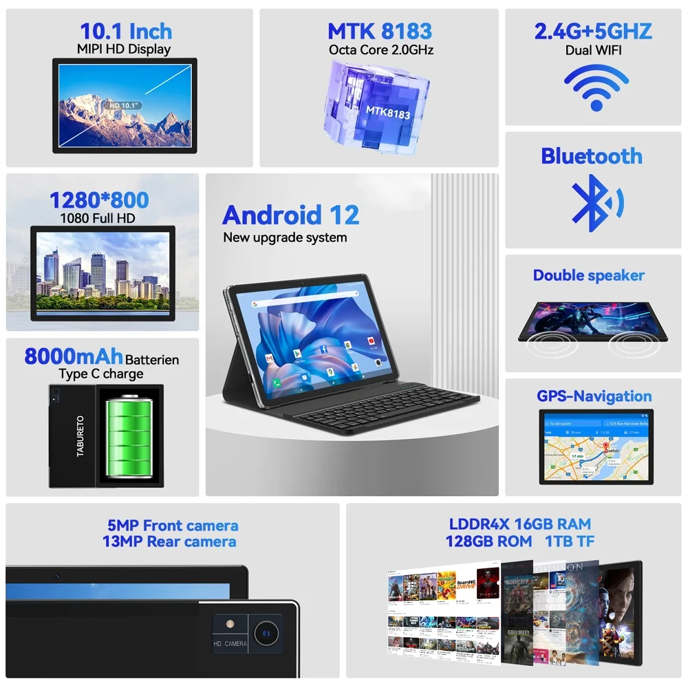 Tablet, 10.1 inch Android Tablets,Android 12 Tablet,16(8+8)GB RAM 128GB ROM,8MP+13MP Camera,1280x800 IPS Google Tablets