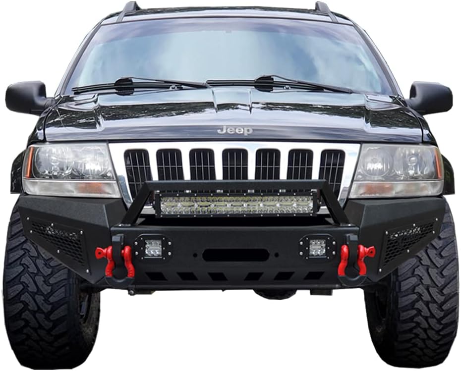 Vijay Front Bumper with LED Lights and Winch Plate Compatible with 1999-2004 Grand Cherokee WJ