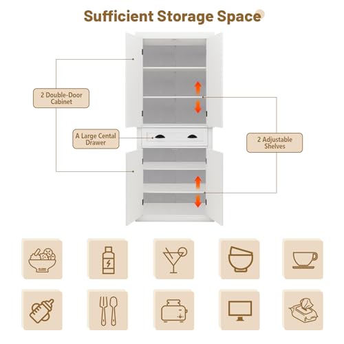 72" Kitchen Pantry Storage Cabinet Kitchen Cupboard with 4 Doors (2Doors with Racks),1 Drawer