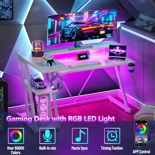 55 Inch Gaming Desk with Power Outlet & LED Lights, L Shaped Gamer Computer Table with Storage Shelves for Bedroom, Corner Home Office Desk