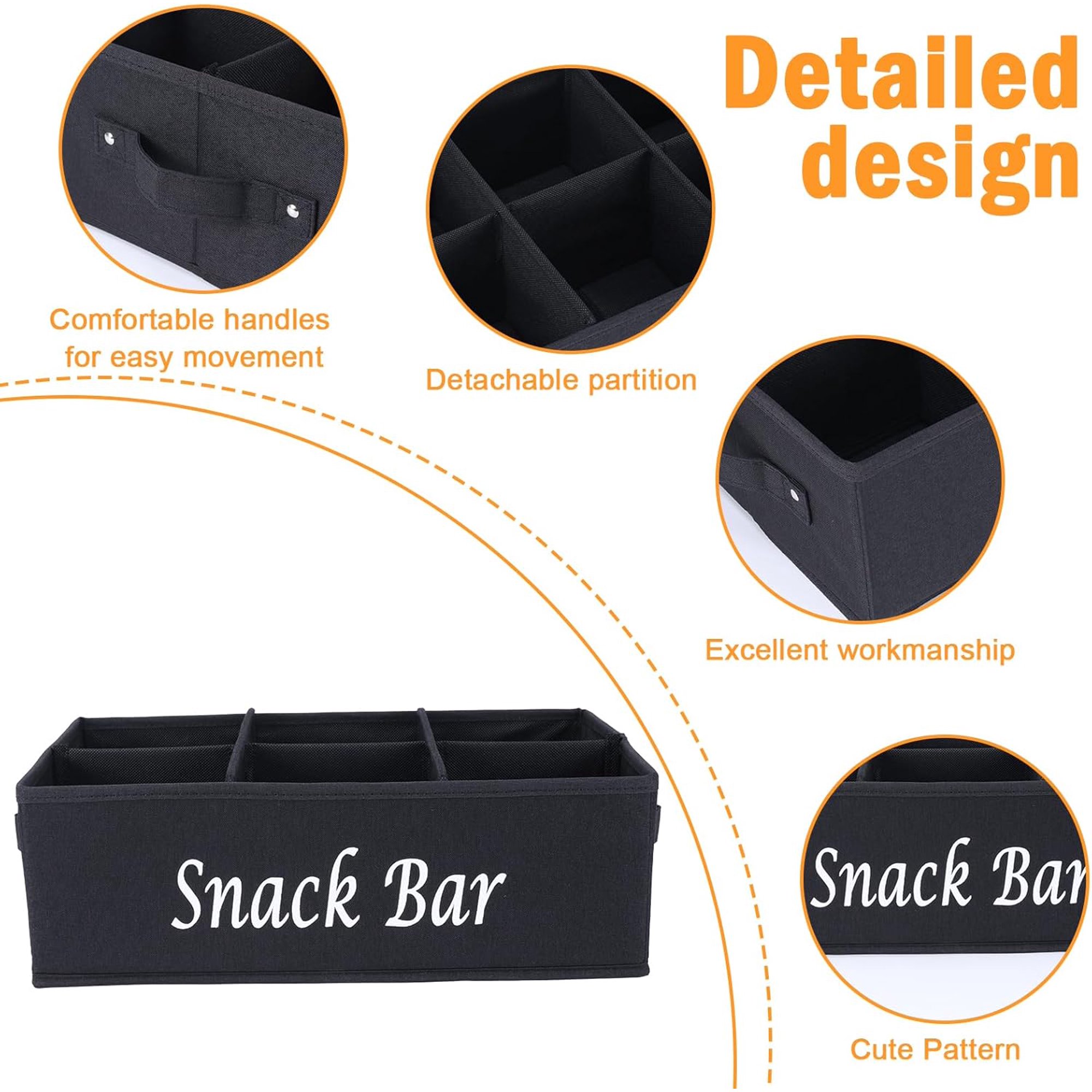Snack Organizer for Countertop, Fabric Snack Organizer with Handles, 6 Compartment Snack Container Candy Storage, Foldable Snack Basket Tray