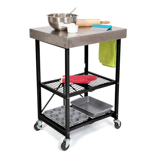 Origami Folding Kitchen Cart on Wheels, 3-Tier Foldable Rolling Cart - Chefs Outdoor Cart for Wine and Food, Microwave Cart, Plating Shelf