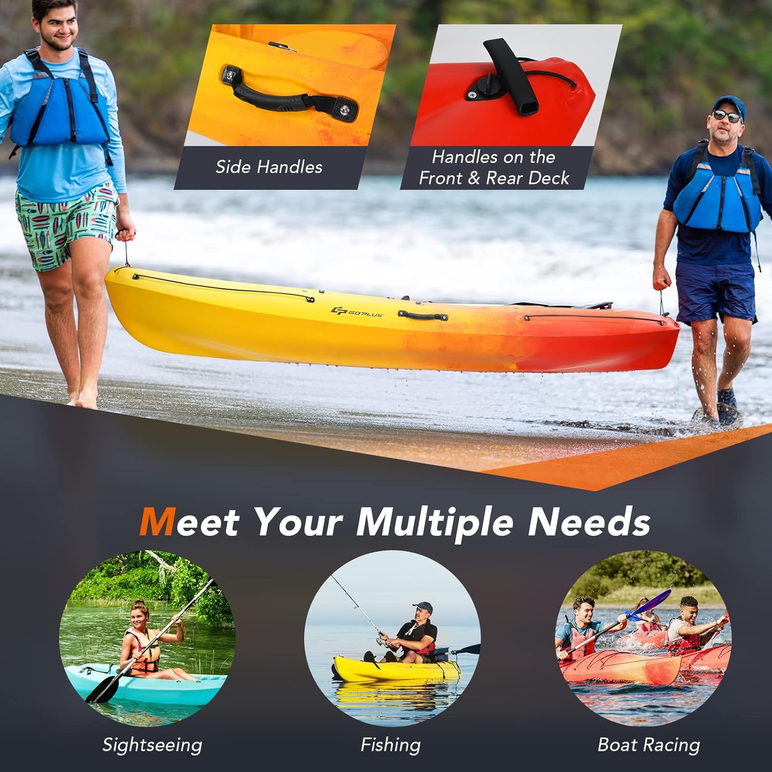 10.2FT Sit-On-Top Fishing Kayak, Portable Surfing Kayak Raft with Aluminum Paddle & Bungee Storage, 1-Person Recreational Kayak Boat for River