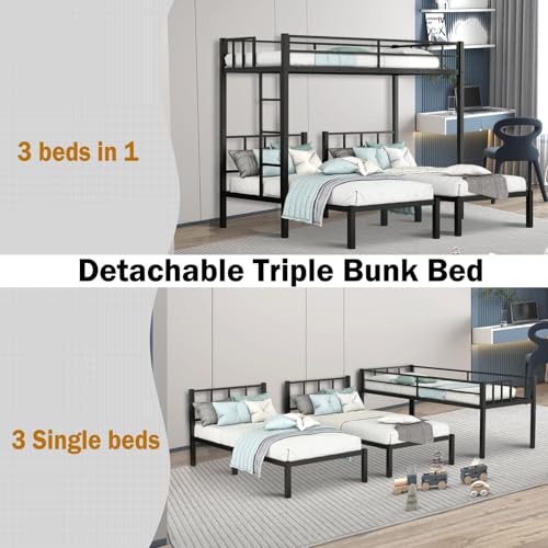 Twin Triple Bunk Bed, Heavy Duty Metal Bunk Bed with Guardrails, Ladder, Detachable Into 3 Twin Beds for Kids, Teens and Adults, Space-Saving Design