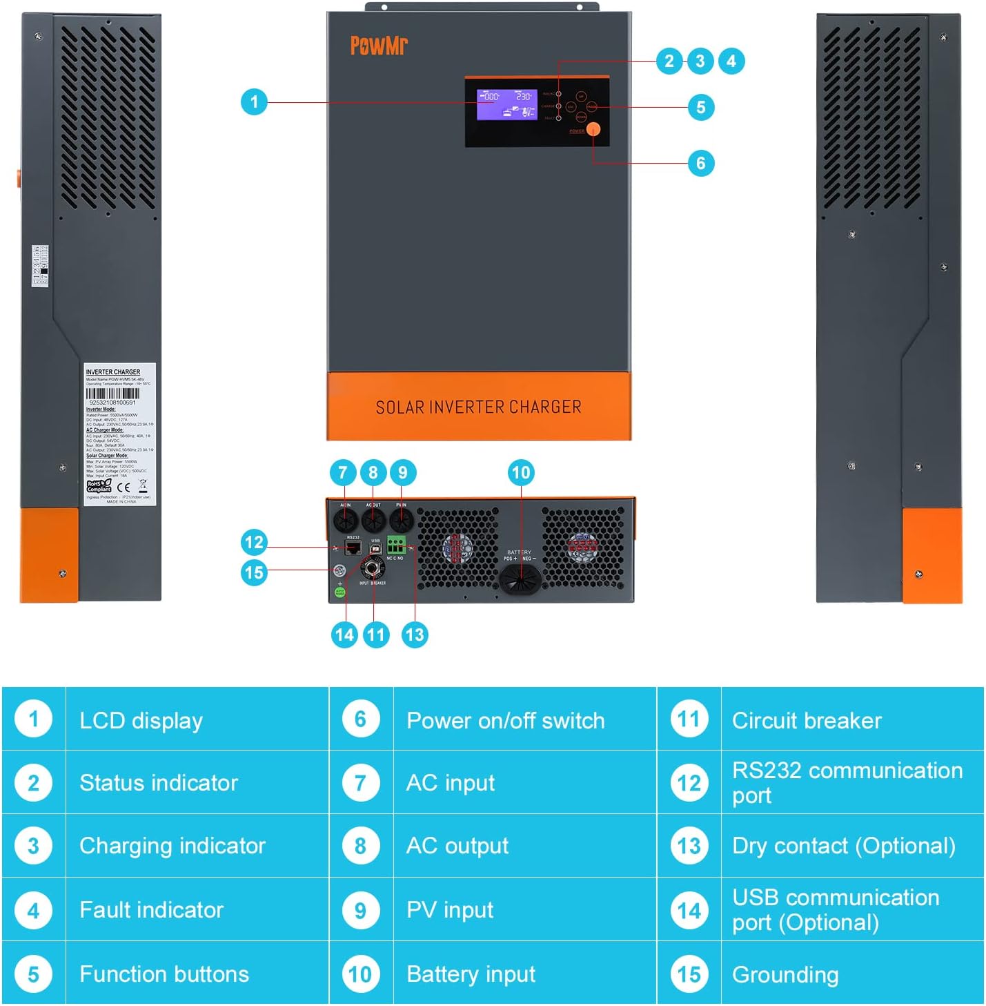 PowMr 5500w Solar Hybrid Inverter with 80A MPPT Charge Controller 48V DC to 220/230V AC