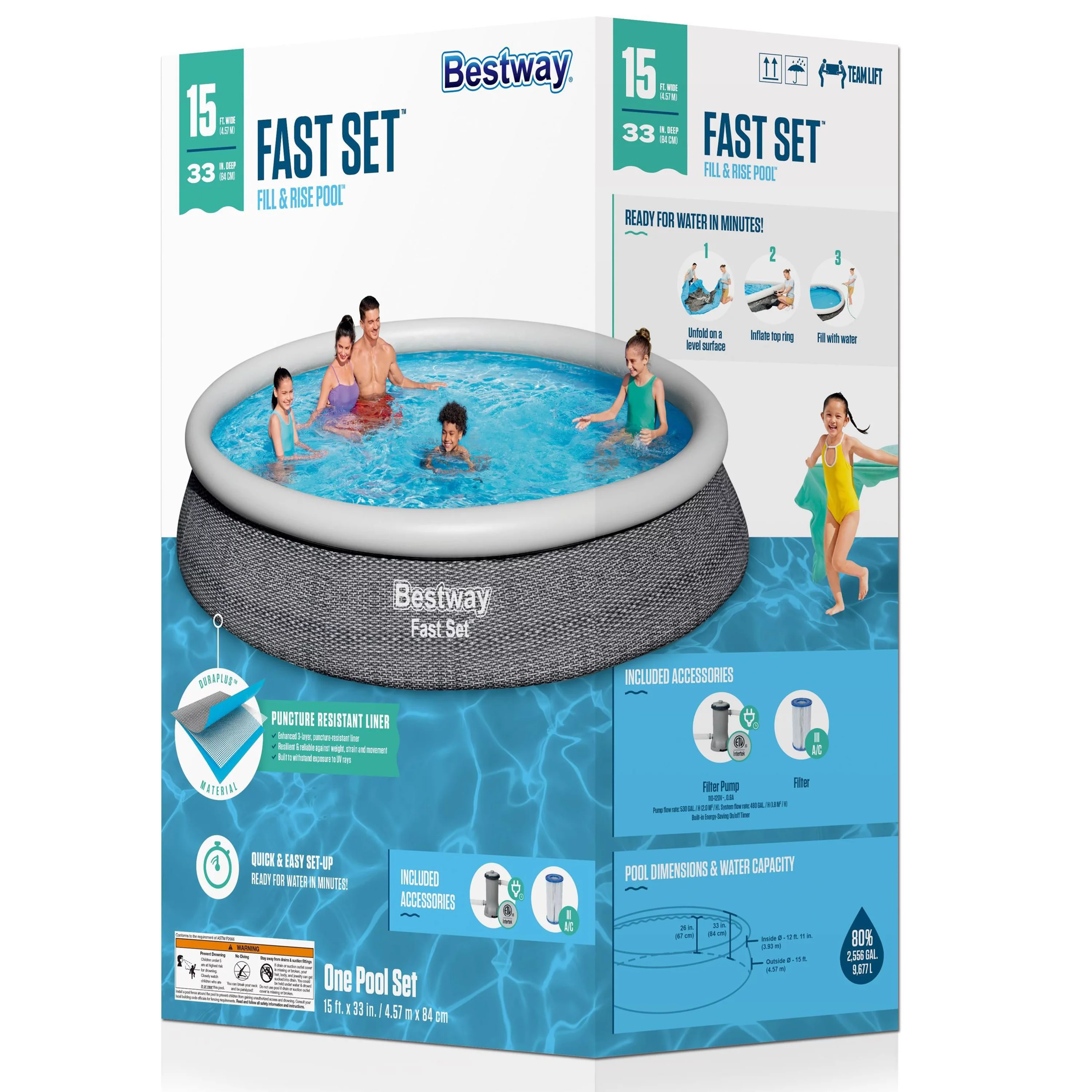 Bestway Fast Set 15' x 33" Round Inflatable Outdoor Above Ground Pool Set