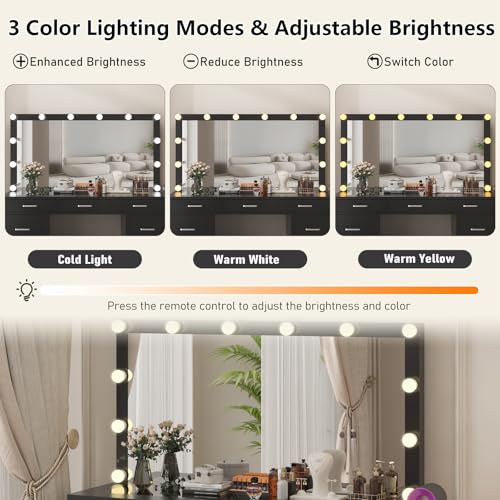 White Vanity Desk Set with Mirror and Lights, 47" Glass Top Vanity with 9 Drawers & Power Outlet