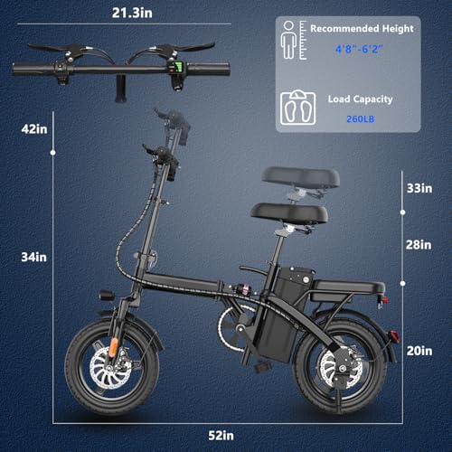 Electric Bike for Adults Peak 500W, 23MPH Max Speed Folding Electric Bicycles, 14" Mini Ebike Pedal Assist, 30&deg; Uphill Shock Absorbers E-Bike