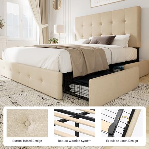 Allewie Upholstered Queen Size Platform Bed Frame with 4 Storage Drawers and Headboard, Square Stitched Button Tufted