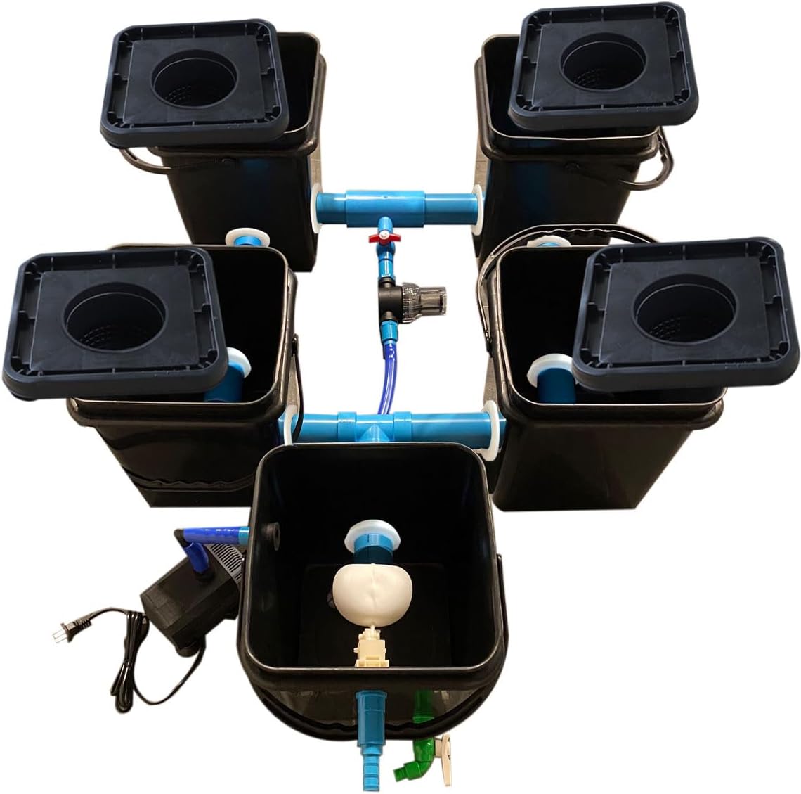 HYDROPONICS Earth,4+1 RDWC Full Set, Recirculating Deep Water Culture RDWC Hydroponics Grow System, 20L, 4 Sites with Connected Reservoir, Black