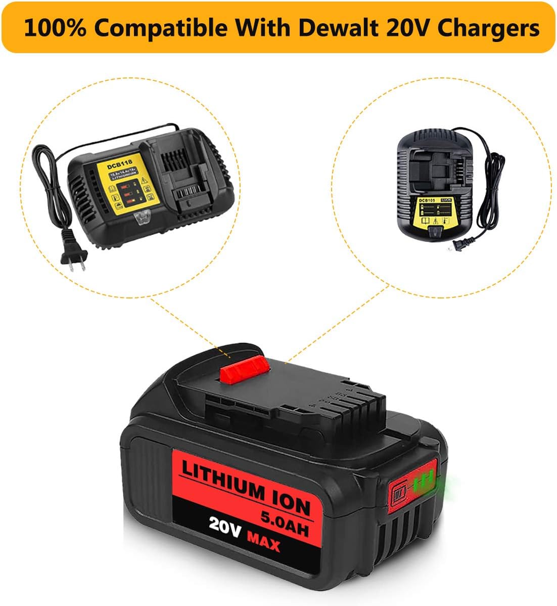6Packs 20Volt 5.0Ah DCB205 Replacement for Dewalt 20V MAX XR Battery Lithium Compatible with DCB204 DCB205 DCB206 DCB205-2 DCB200 DCB180 DCD985B