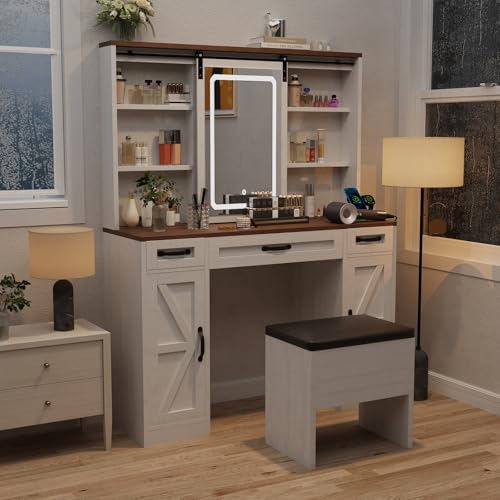 Farmhouse Vanity Desk with Sliding Lighted Mirror & Stool, Vanity Dresser Combo, Large Makeup Vanity with 8 Storage Shelves, 5 Drawers