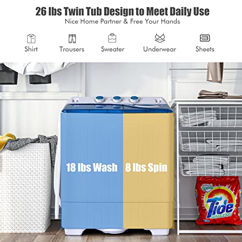 COSTWAY Portable Washing Machine, Twin Tub 26lbs Capacity Laundry Washer, 18lbs Washer and 8lbs Spinner Combo with Timer Knobs, Built-in Drain Pump