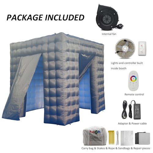 SAYOK Portable Inflatable Photo Booth Enclosure (White, Two Doors, 8.2x8.2x8.2ft), Photo Booth Tent with Air Blower and Remote Controller
