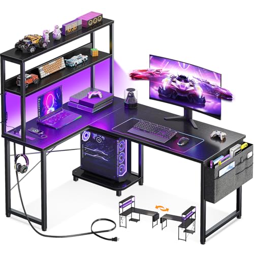 AODK L Shaped Desk Gaming Desk with LED Light & Power Outlet
