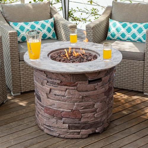 COSIEST Outdoor Propane Concrete Fire Pit Table w Imitation Stone Surface 32-inch Round Fire Table, CSA Certified, 40,000 BTU Stainless Steel Burner