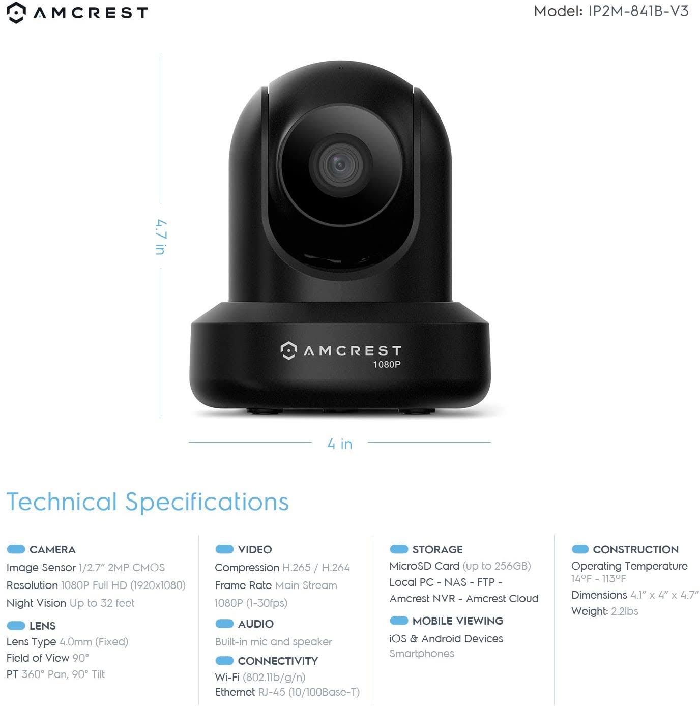 Amcrest ProHD 1080p WiFi Camera 2MP (1920TVL) Indoor Pan/Tilt Security Wireless IP Camera Ip2m-841b (Black)