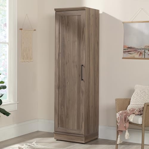 Sauder HomePlus Narrow Pantry Storage Cabinet Slim Single Door with Adjustable Shelves, Kitchen Laundry Bathroom Storage Cabinet, in Soft White