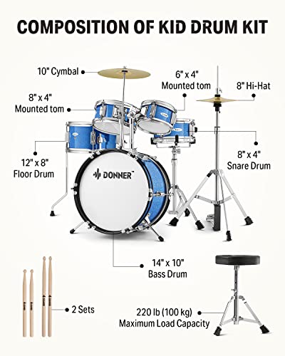 Kid Drum Sets-Donner 5-Piece for Beginners, 14 inch Full Size Complete Junior Drum Kit with Adjustable Throne, Cymbal, Hi-Hat, Pedal & Drumstick