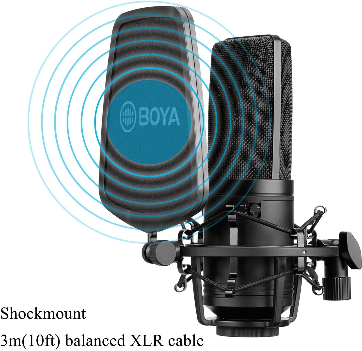 BOYA Large Diaphragm, Multi-Pattern Studio Condenser Microphone with Shock Mount, Pop Filter, and XLR Cable - Studio Microphone for Music, Vocals