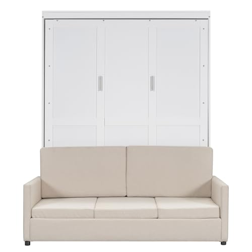 LZ LEISURE ZONE Queen Size Murphy Bed, Wooden Queen Murphy Wall Bed with Cushion and Sofa, for Home Office or Small Room, White
