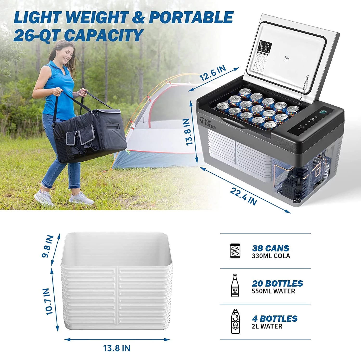JOYTUTUS 25L Portable Car Refrigerator 26 Quart Cooler Compact RV Fridge 12/24V DC Cord and 110V AC Electric Freezer Compressor for Driving Travel