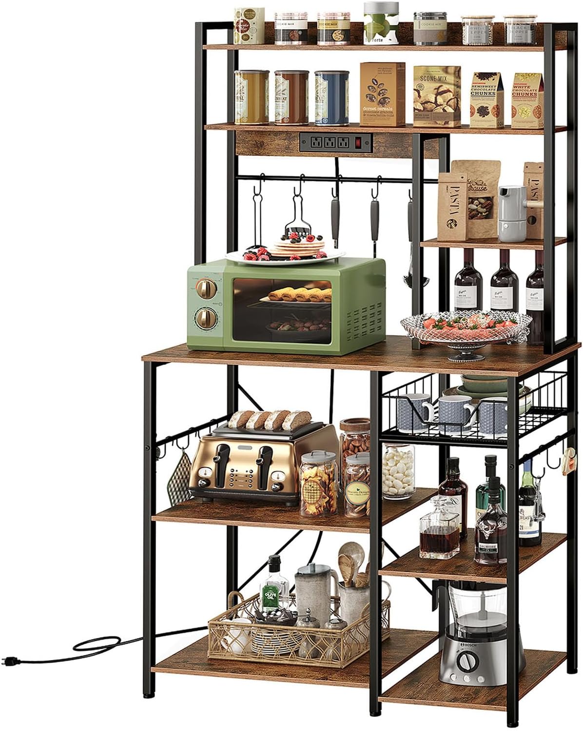 Kitchen Bakers Rack with Power Outlet, Microwave Stand with Multiple Shelves, Floor Standing Bakers Rack, Coffee Bar with Mesh Basket, for Kitchen