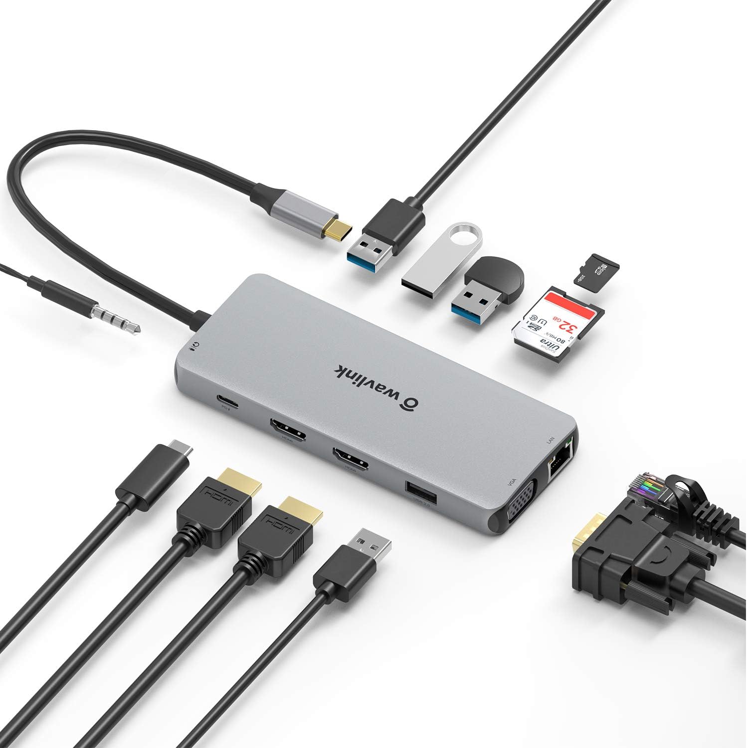 WAVLINK USB C Hub/Docking Station, Triple Display Type-C Adapter with 2 HDMI, Display Port, Ethernet,3 USB 3.0, 2 USB 2.0,SD/TF Card Reader