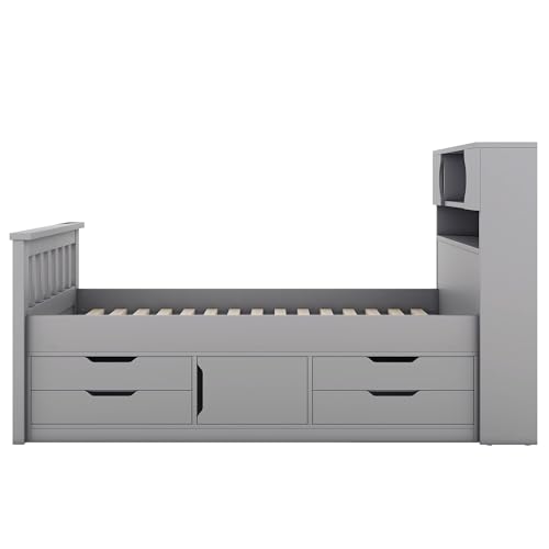 Harper & Bright Designs Twin Size Captain Platform Bed with Bookcase Headboard, Wood Twin Bed Frame with Storage Drawers and Shelves