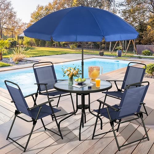 Vongrasig 6 Piece Folding Patio Dining Set,Small Metal Outdoor Garden Patio Table and Chair Set w/Umbrella for Lawn,Deck,Backyard,Black