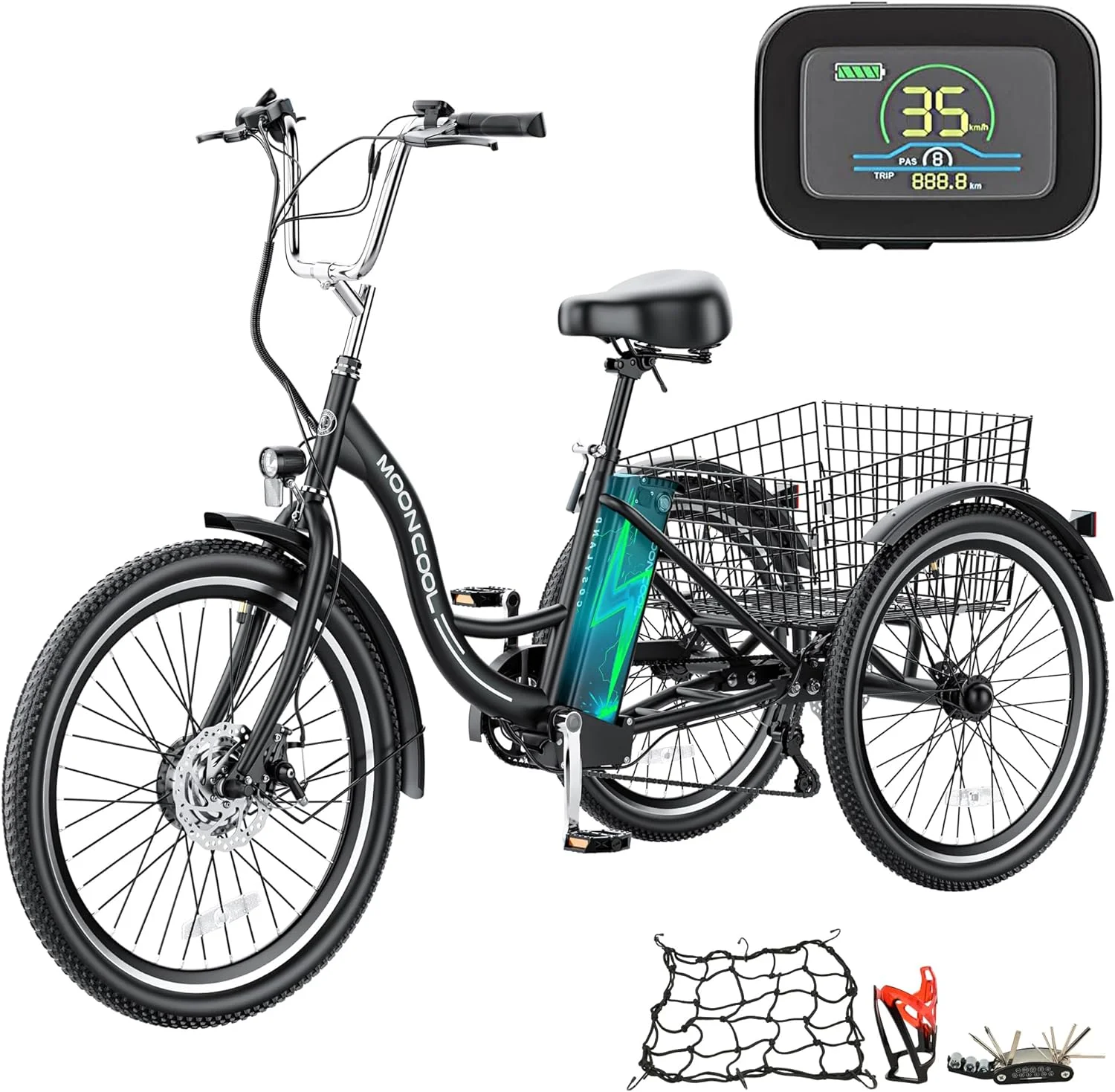 MOONCOOL 350W Motorized Electric Trike, 7 Speed 3 Wheel Electric Bicycle with 36V 14.5Ah Lithium Battery UL Certified
