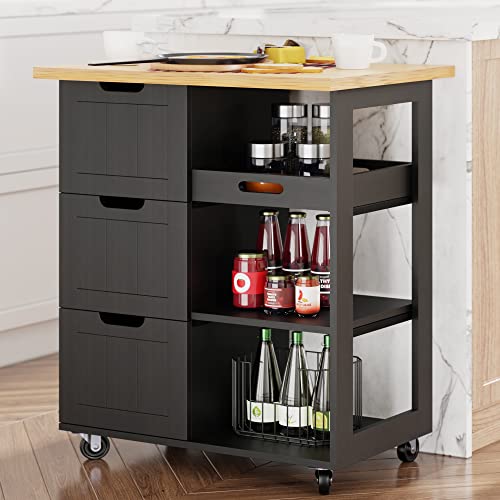 Shintenchi Rolling Kitchen Island Cart with Folding Drop Leaf Breakfast Bar, Portable Trolley Island with Large Storage Cabinet, Shelf and Drawer