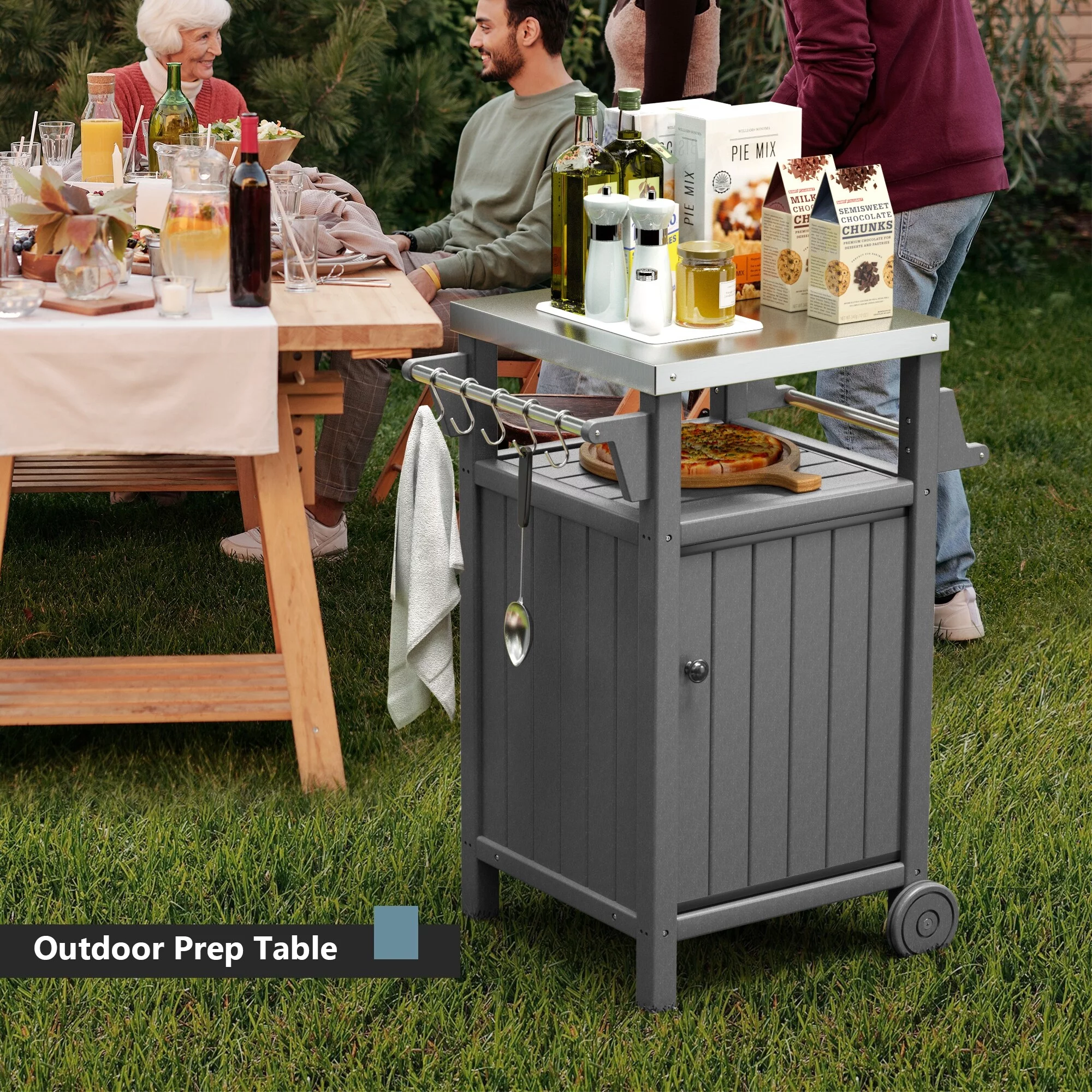 Barbecue/Grill Side Table Trolley, Outdoor Prep Dining Table Serving Cart with 304 Stainless Steel Top-HDPE Grey
