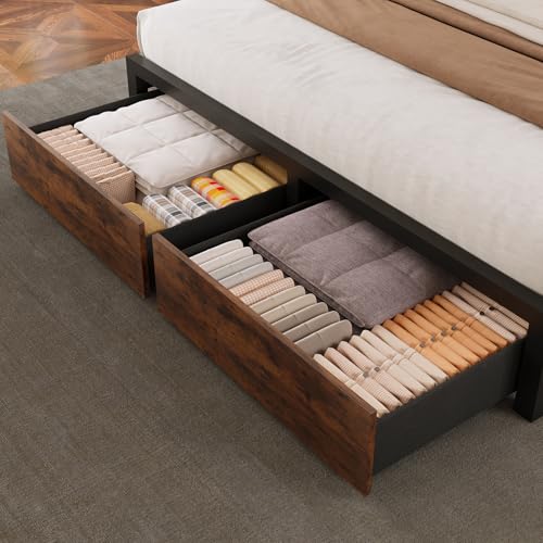 Farmhouse Full Bed Frame with Bookcase Storage Headboard, Charging Station, LED Light and 2 Storage Drawers, Noise Free, No Box Spring Needed, Brown