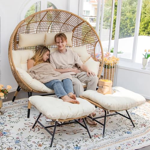 NICESOUL® Double Egg Chair Indoor Outdoor Stationary Oversized Thicken Padded Cushions, 2 Person Egg Loveseat Chair