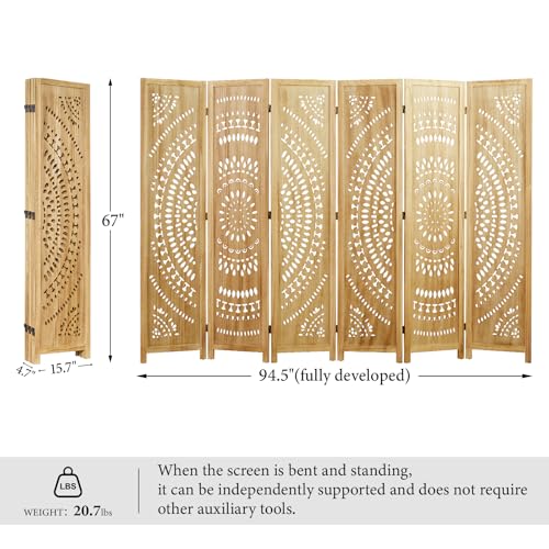 66.9Inch Folding Room Divider, 6 Panels Wood Carved Privacy Screens