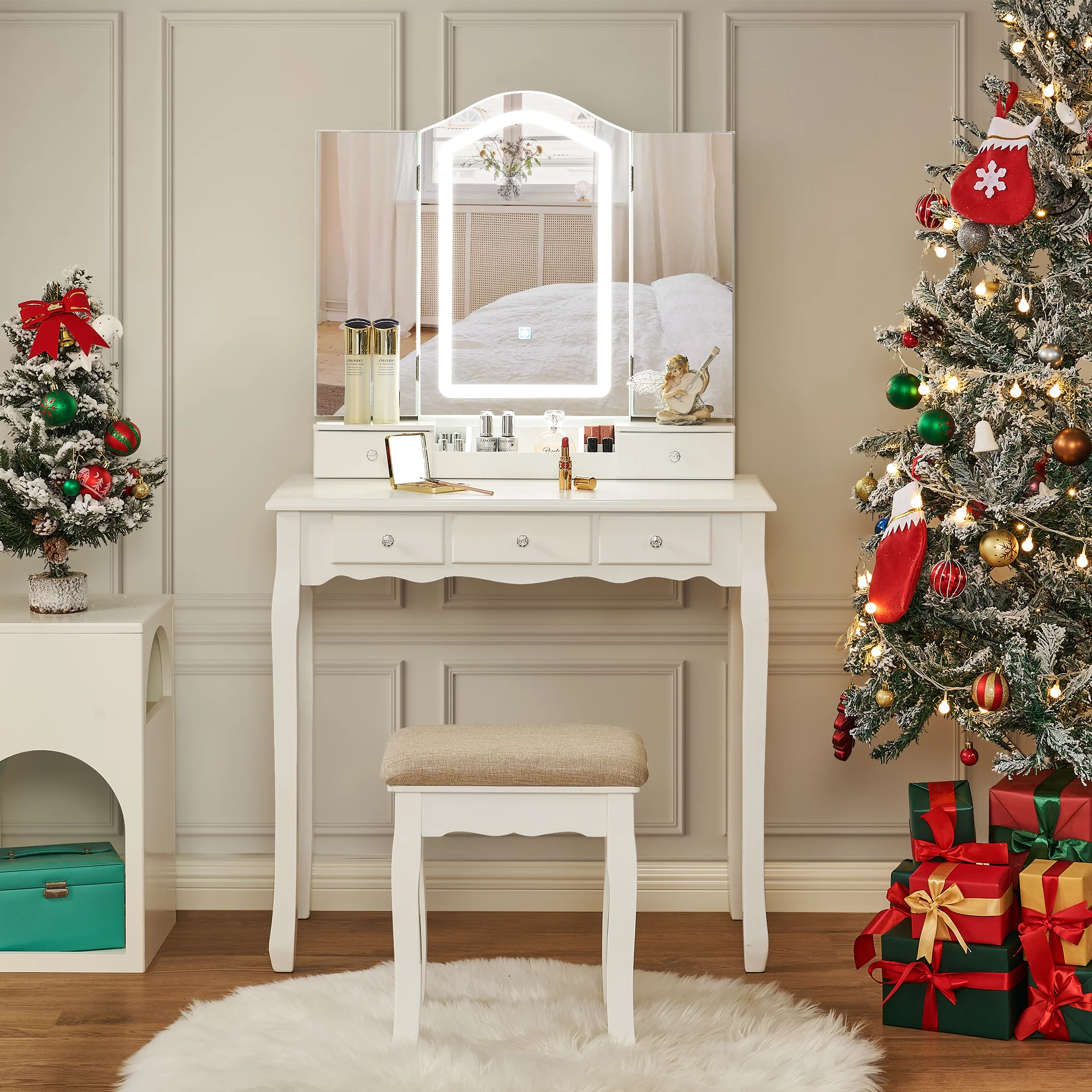 BEWISHOME Vanity Desk with Mirror and Lights, Makeup Vanity with Lights, White Vanity Set with Tri-Folding Mirror with 3 Colors