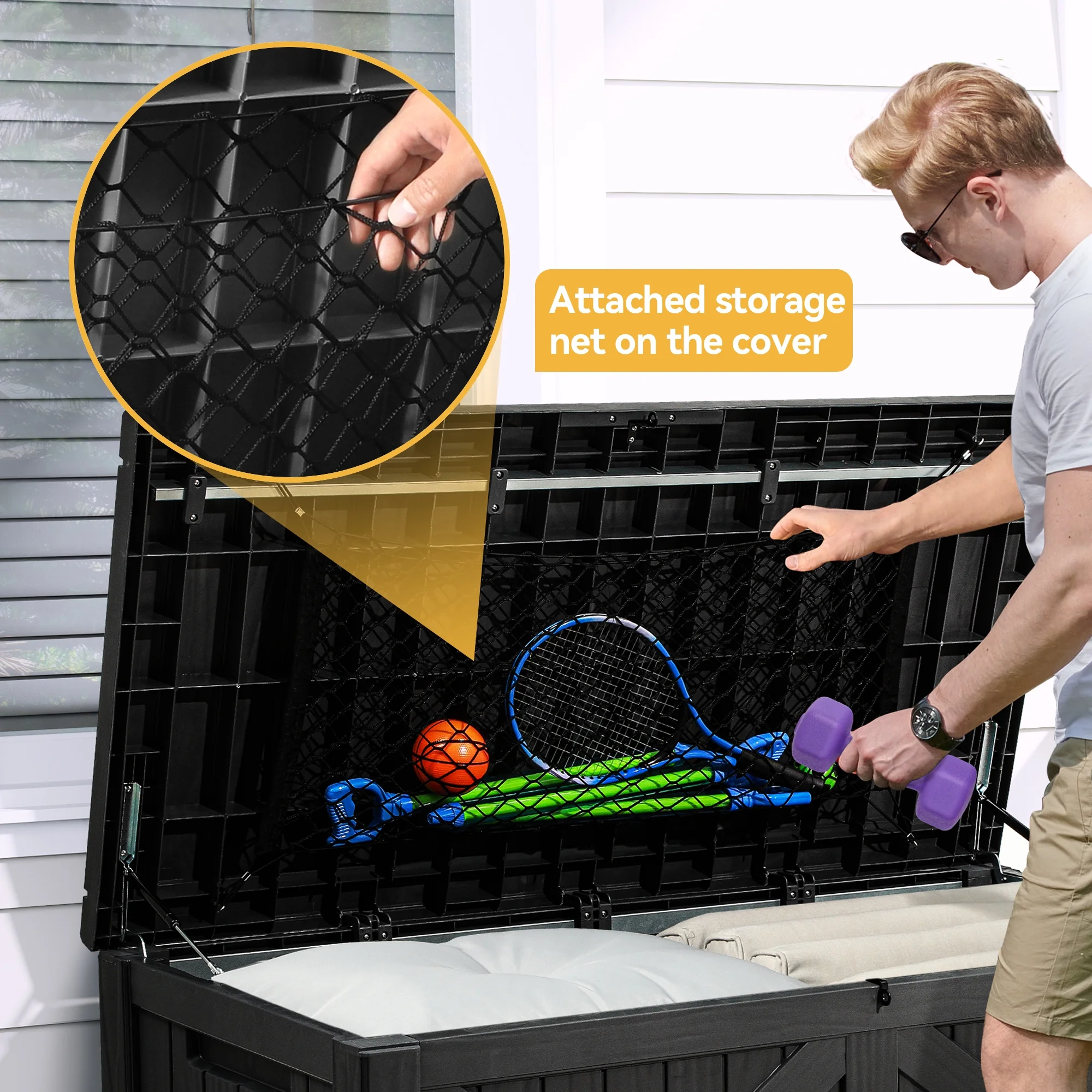 Dextrus 120 Gallon Large Patio Deck Box, Upgraded Resin Outdoor Storage Boxes w/Flexible Divider & Storage Net, Waterproof&Lockable, Black