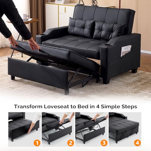 VINGLI Light Green Futon Sofa Bed Convertible Loveseat Sleeper Couch, Faux Leather Pullout Sofa Fold Out Couch Bed with USB Ports, Cup Holders