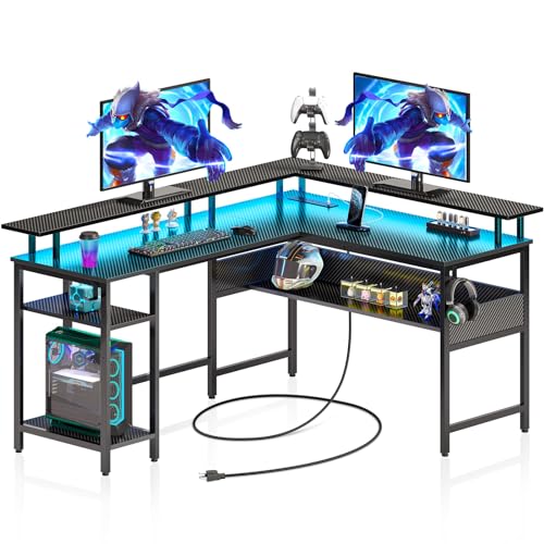 Rolanstar Computer Desk 56.7" with LED Lights and Power Outlets, Carbon Fiber Surface, Reversible L Shaped Gaming Desk with Monitor Stand