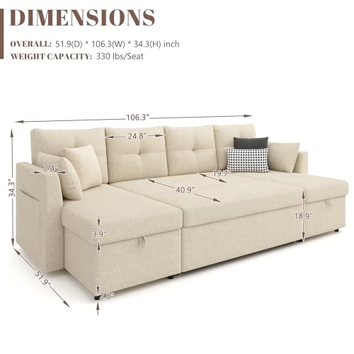 Oversized Sleeper Sofa Couch, 110 inch 2 in 1 Pullout Couch Bed with Double Storage Chaise