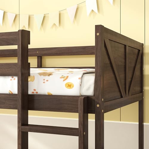 Bunk Bed Twin Over Twin, Wood Low Profile Floor Twin Bunk Beds with Ladder Guardrails for Kids Boys and Girls, No Box Spring Needed