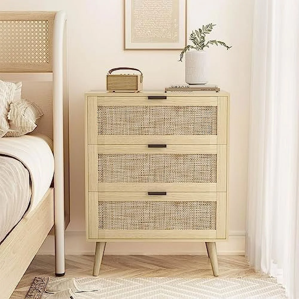 TJUNBOLIFE 3 Drawer Dresser Chests for Bedroom  3 Drawer Nightstand   Rattan Small Dresser Cabinet of 3 Drawers with Solid Wood Legs &amp